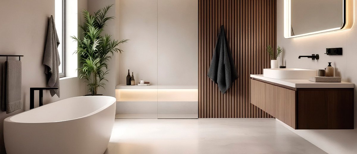 Baño reformado en Pontevedra con ducha a ras de suelo, porcelánico gris y mueble de roble