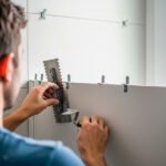 Instalación de azulejos de gran formato con crucetas y llana dentada en un baño moderno