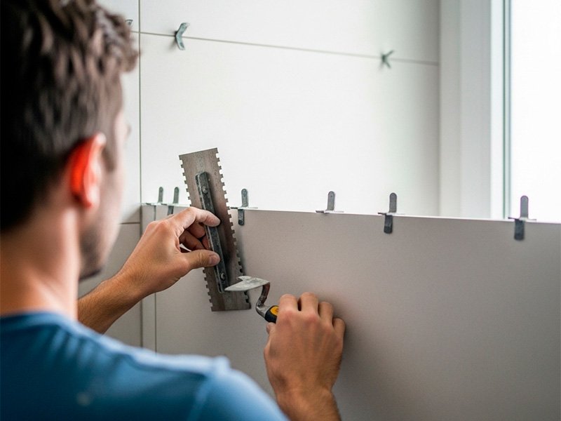 Instalación de azulejos de gran formato con crucetas y llana dentada en un baño moderno