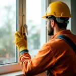 Ajuste de ventana de PVC con espuma aislante y nivel láser para mejorar aislamiento térmico y acústico