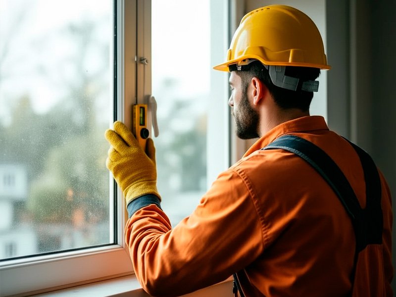 Ajuste de ventana de PVC con espuma aislante y nivel láser para mejorar aislamiento térmico y acústico