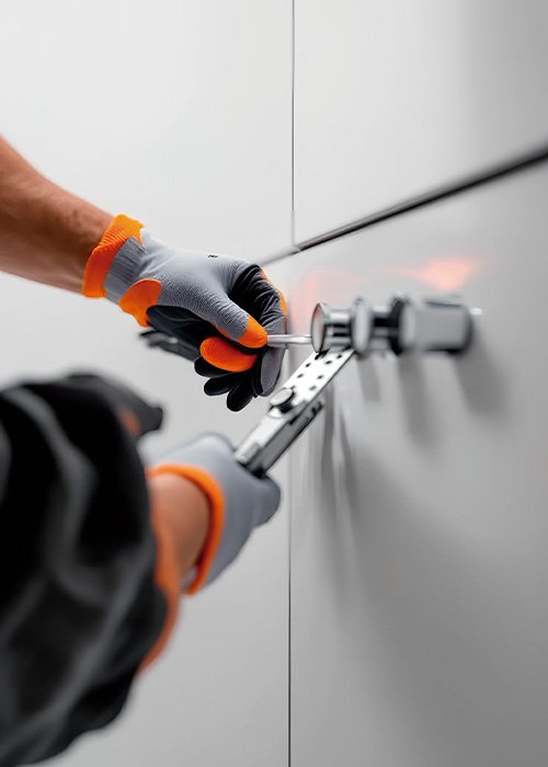 Montaje de mueble de cocina ajustando herrajes (detalle) en Pontevedra