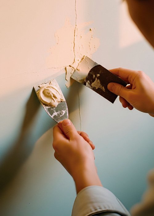 Reparación de fisura con masilla y lijado fino en pared interior