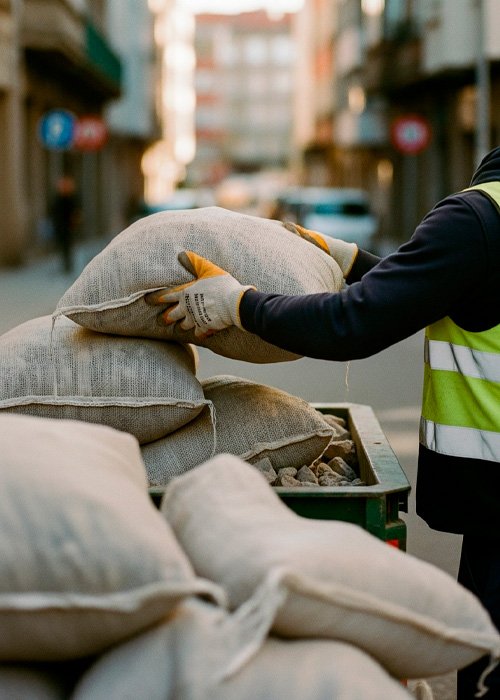 Carga de sacos de escombro a contenedor en vía pública