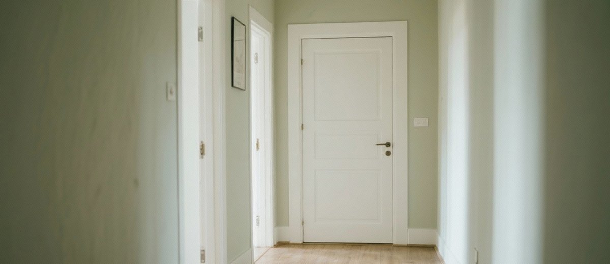 Pasillo con puertas lacadas blancas y rodapiés a juego en vivienda de Pontevedra