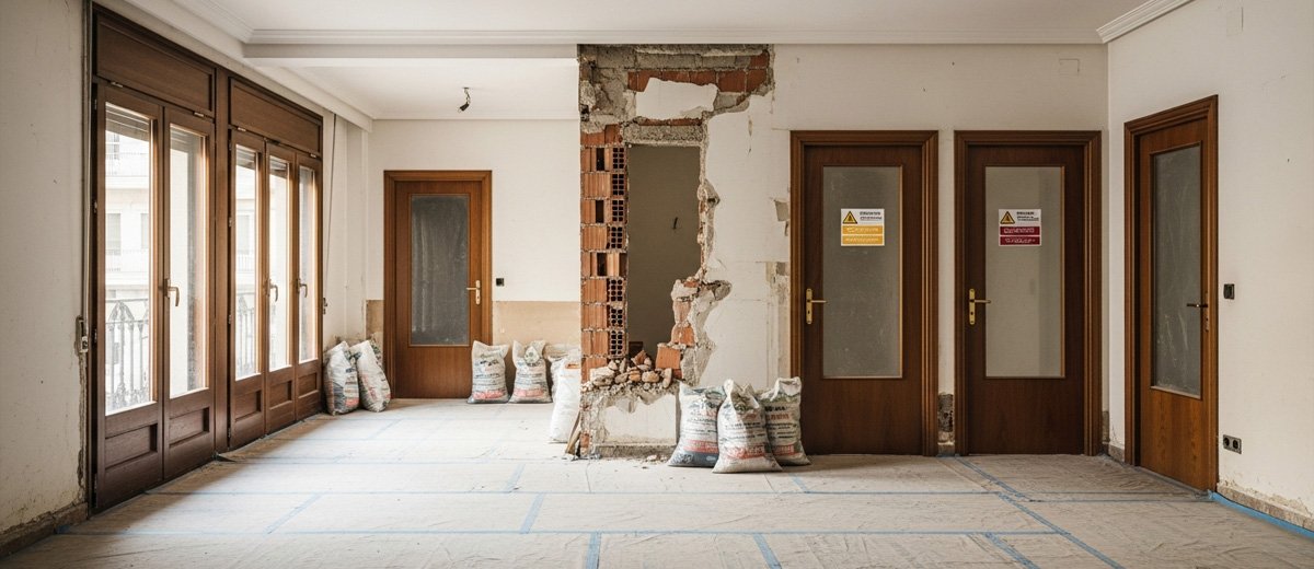 Demolición selectiva con protecciones y sacos de escombro en vivienda de Pontevedra