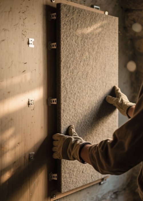 Colocación de manta acústica y panel laminado con sistema clic
