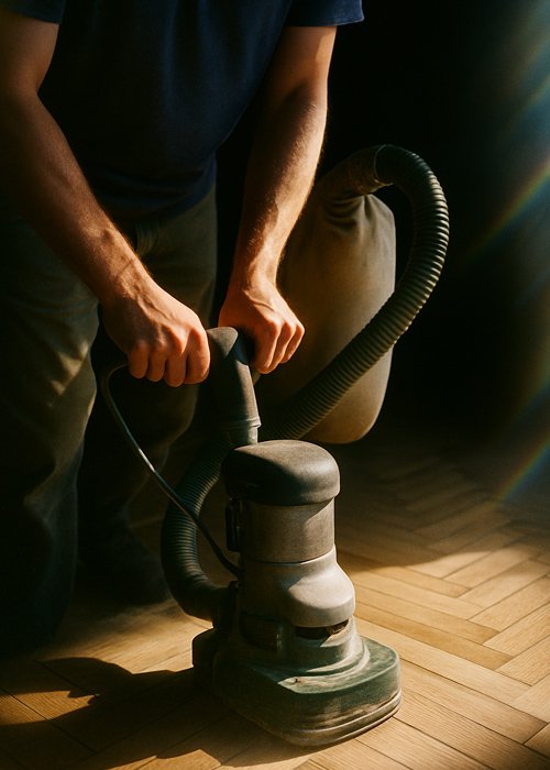 Lijado de parquet de madera con aspiración de polvo