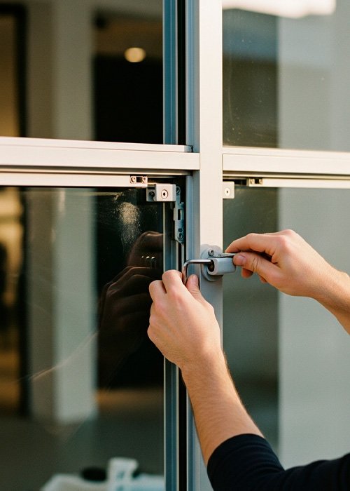 Ajuste de herrajes en escaparate de local