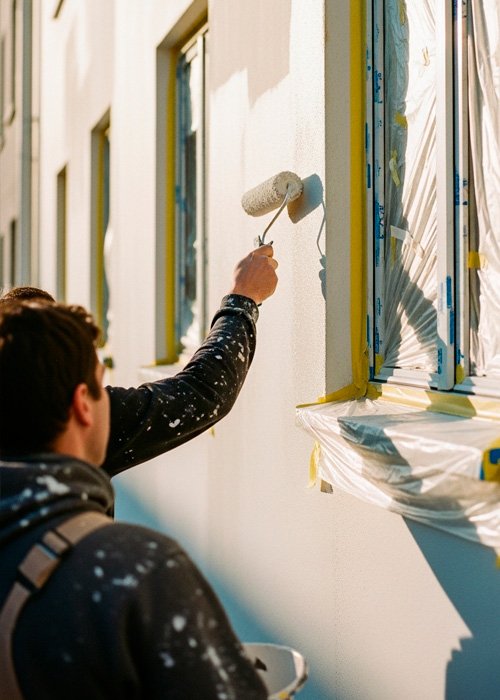 Aplicación de pintura siloxánica en fachada imprimada