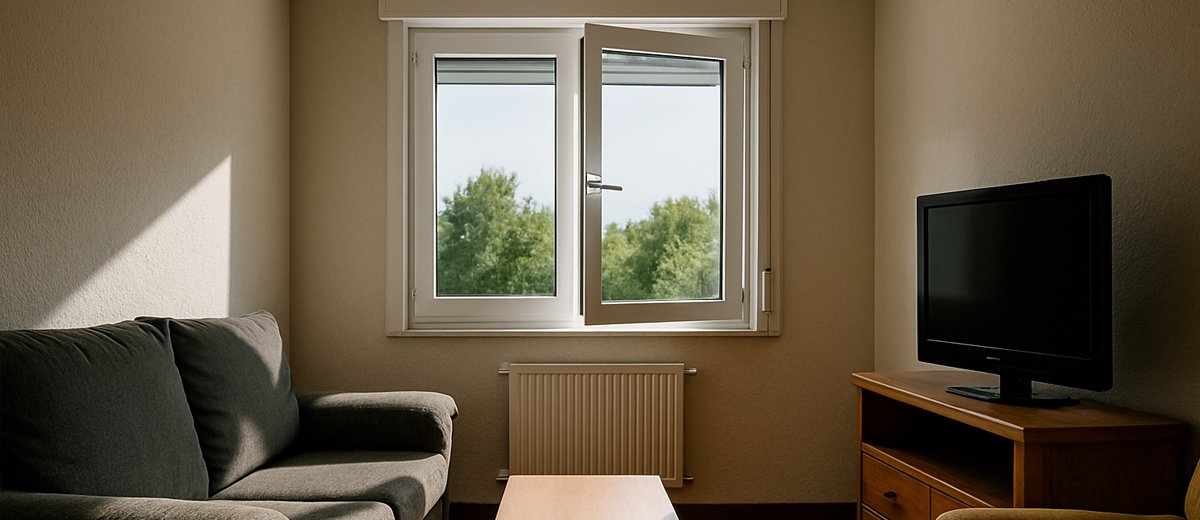 Ventana oscilobatiente de PVC con cajón de persiana compacto en vivienda de Pontevedra